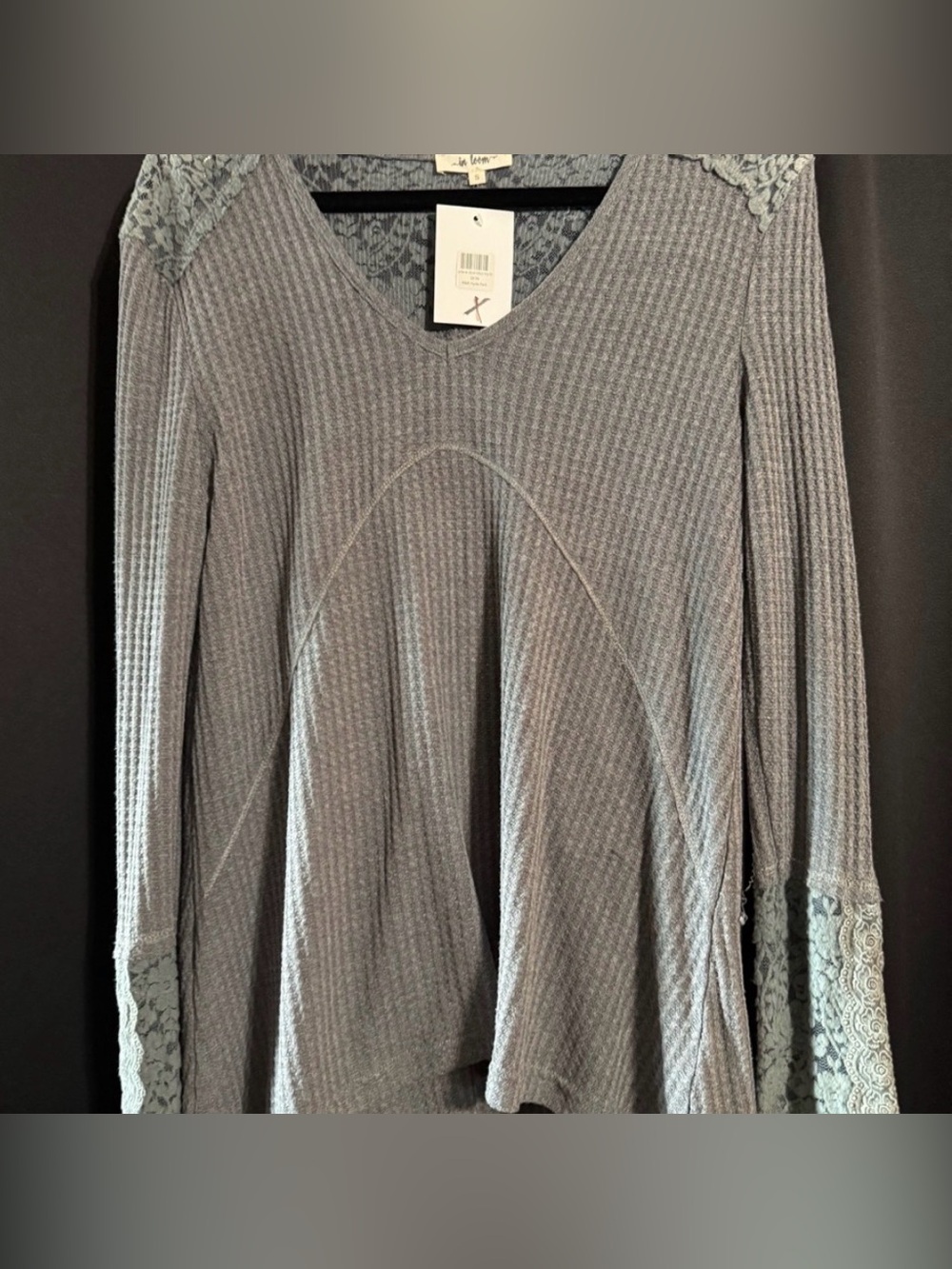 In Bloom Gray Ribbed Long Sleeve Blouse